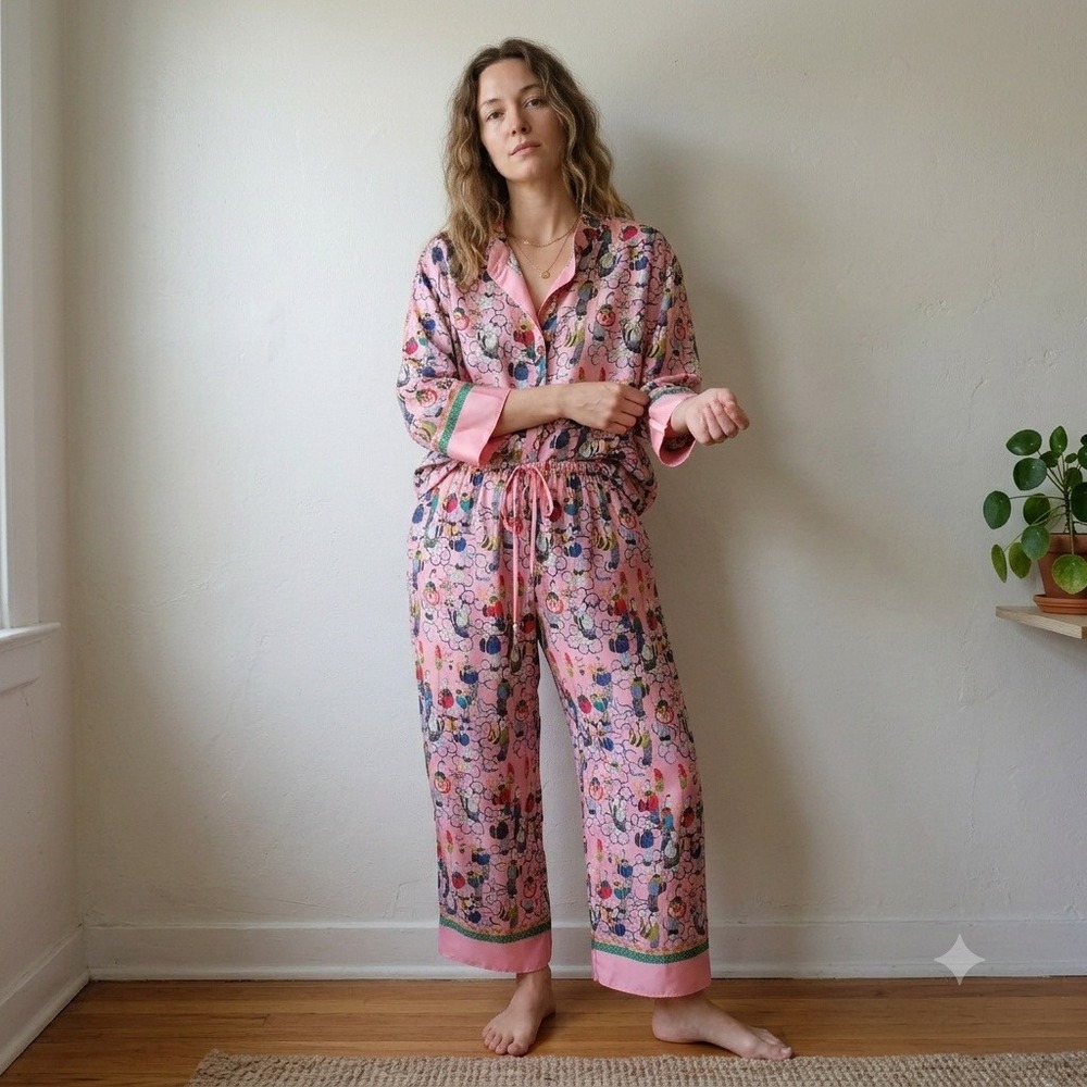 Josie Womens Pajama Set XL Pink Asian Novelty Print Button Down Wide Leg Lounge